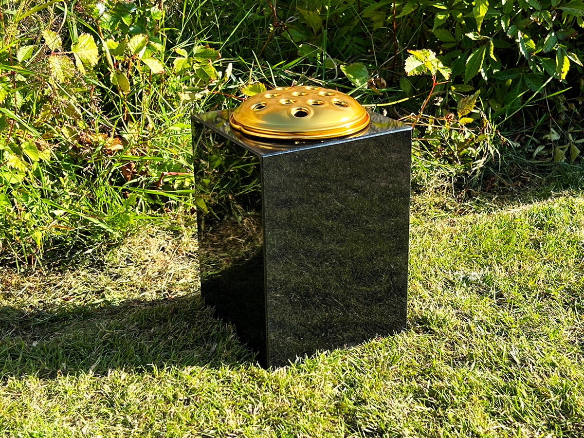 150 x 150 x 200mm large grave vase made with black granite, including silver/ gold flower holder