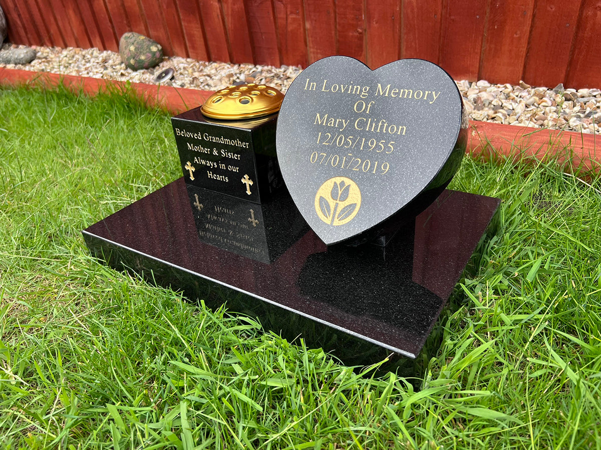 Premium Granite memorial with a solid granite base, vase and heart