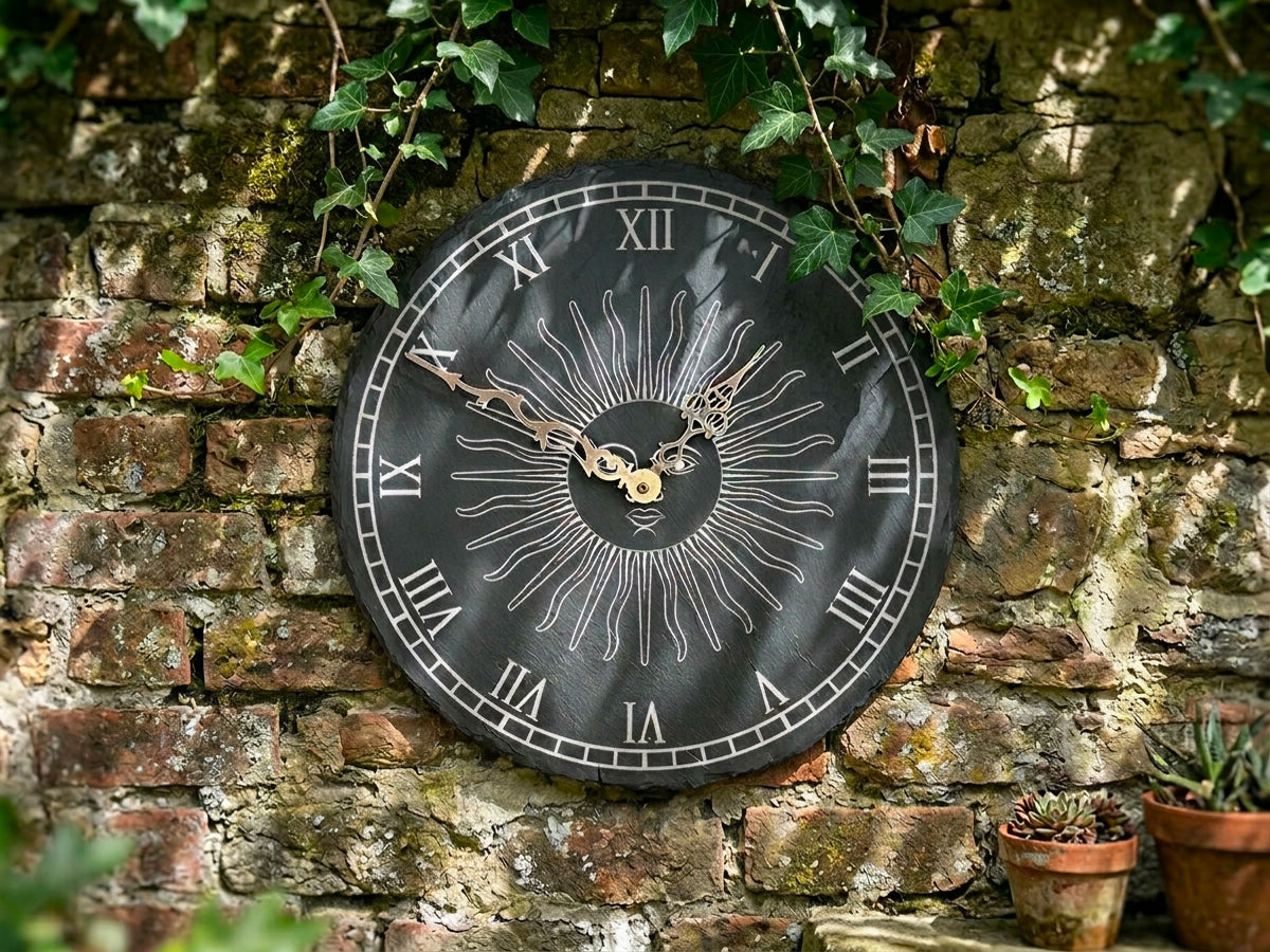 Large Welsh Slate Garden Clock - Roman Sun