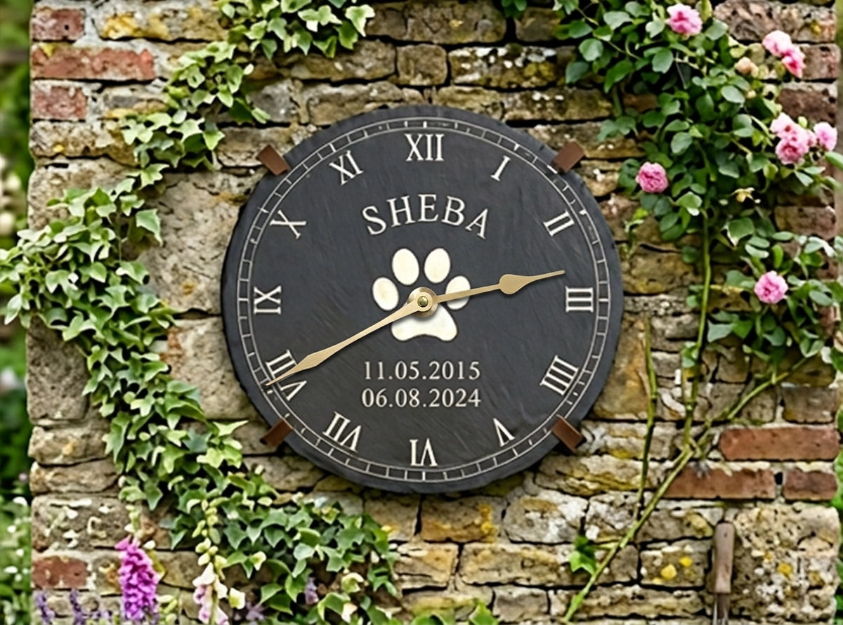 Personalised Welsh Slate Garden Clock - Roman