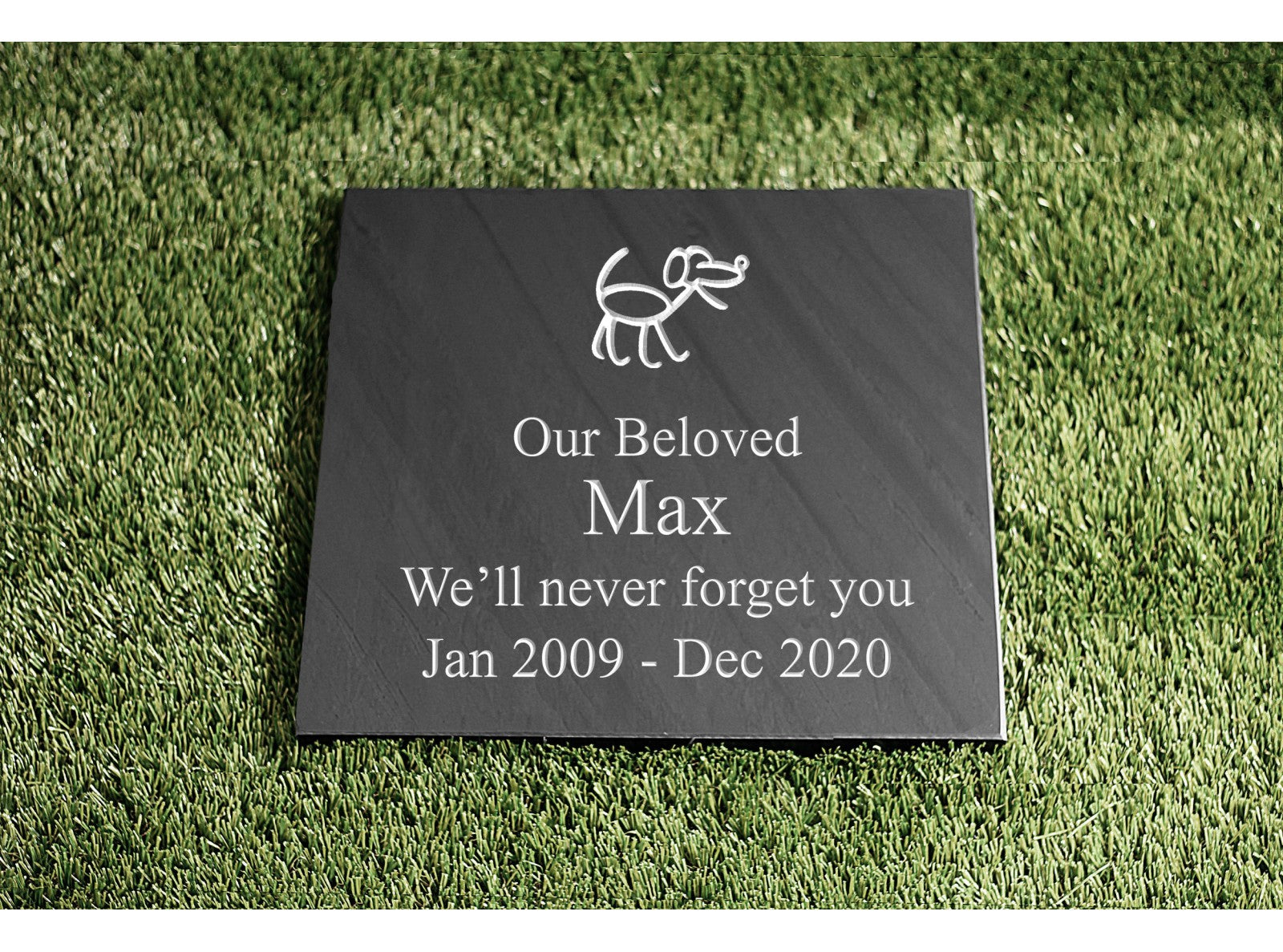 Welsh slate flat memorial, 300mm x 300mm x 30mm thick, deep engraved