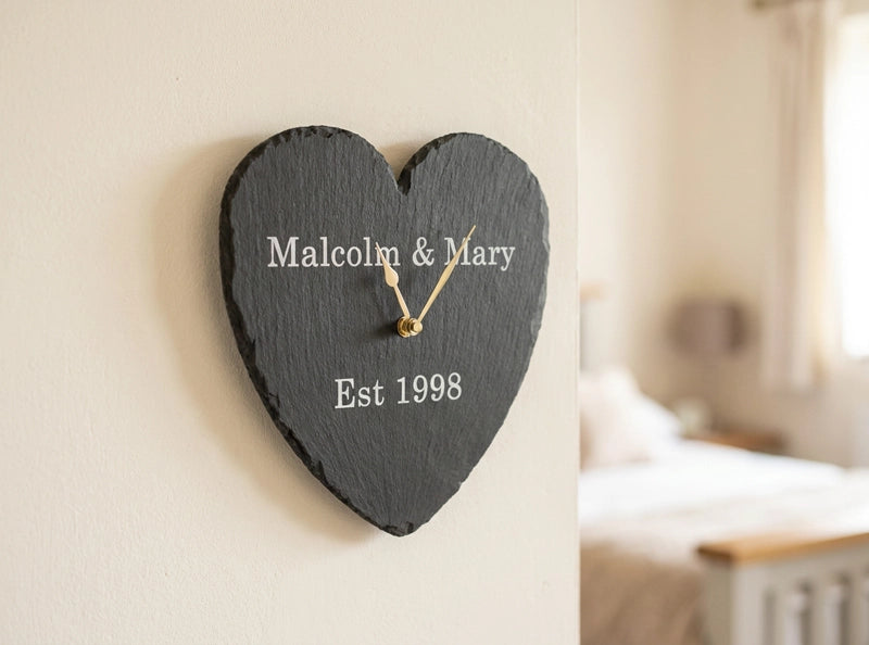 Personalised Welsh Slate Clock - Heart Shaped