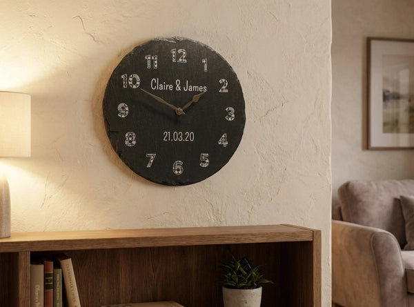Personalised Welsh Slate Clock - Tapestry Numbers