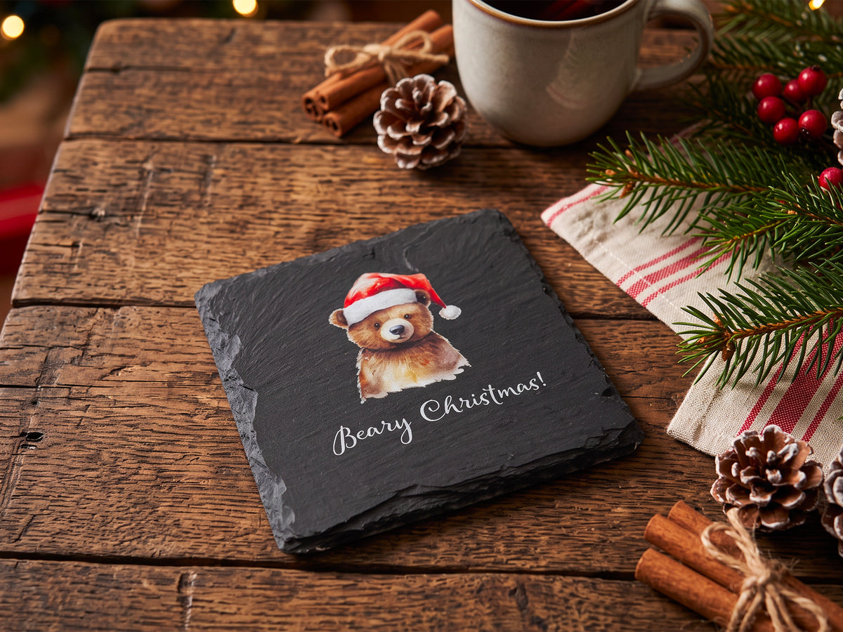 Christmas Bear Welsh Slate Coaster