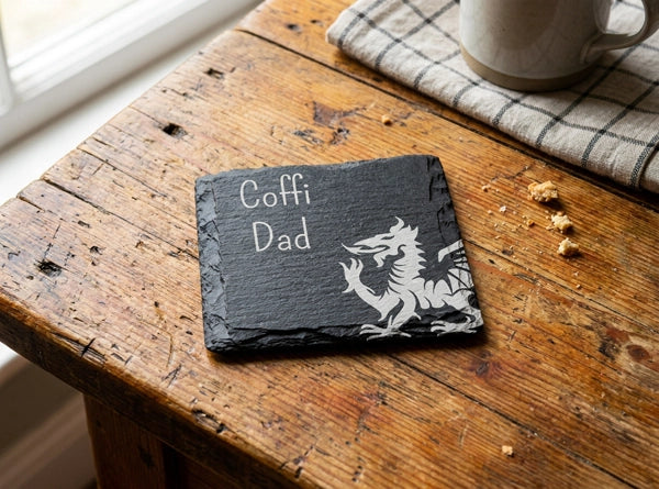 Square Welsh Slate Coaster - 'Coffi Dad'