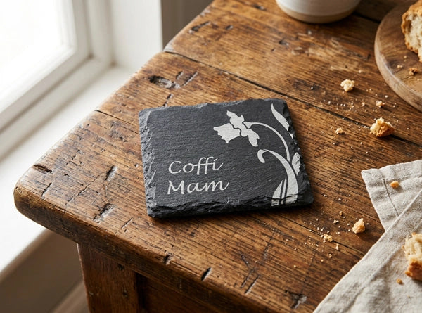 Square Welsh Slate Coaster - 'Coffi Mam'