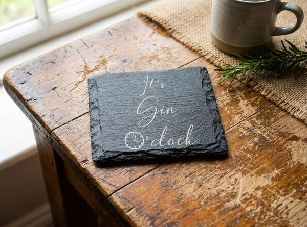 Square Welsh Slate Coaster - 'Gin O'Clock'