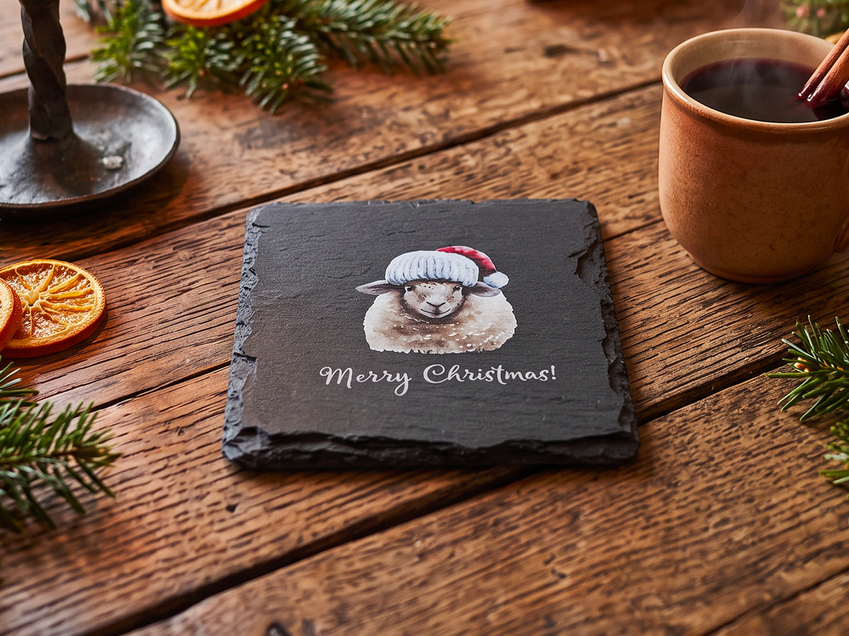 Merry Christmas Sheep Welsh Slate Coaster