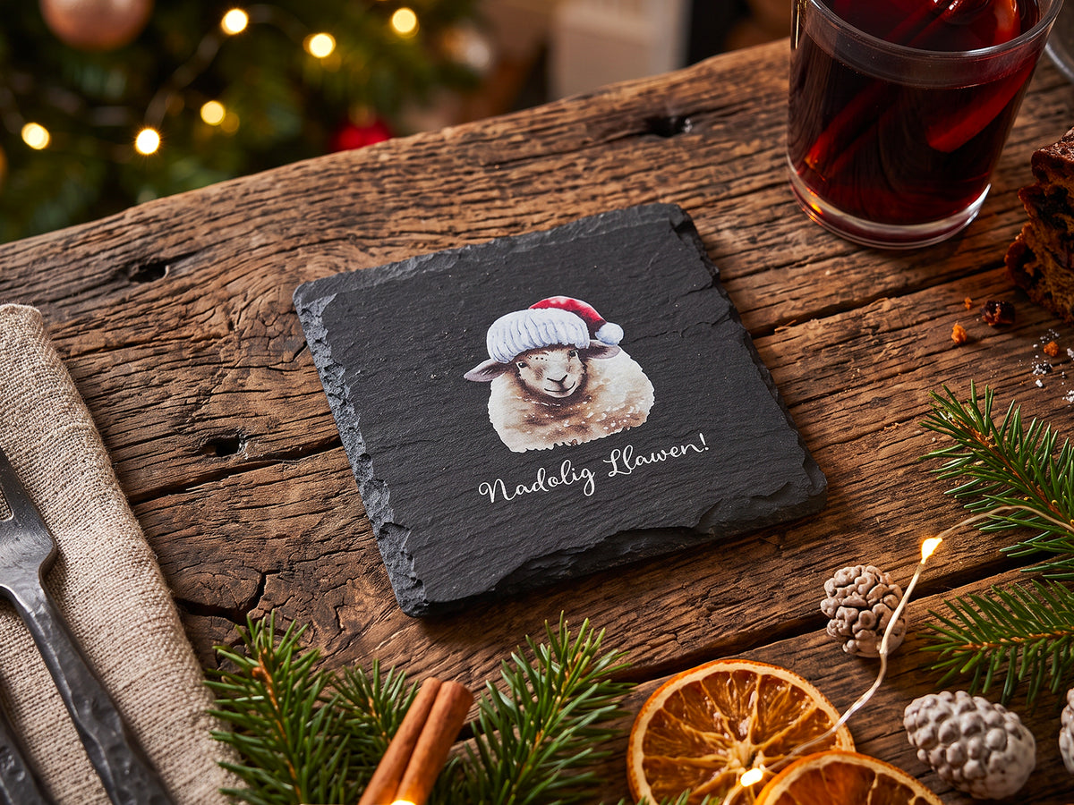 Nadolig Llawen Sheep Welsh Slate Coaster
