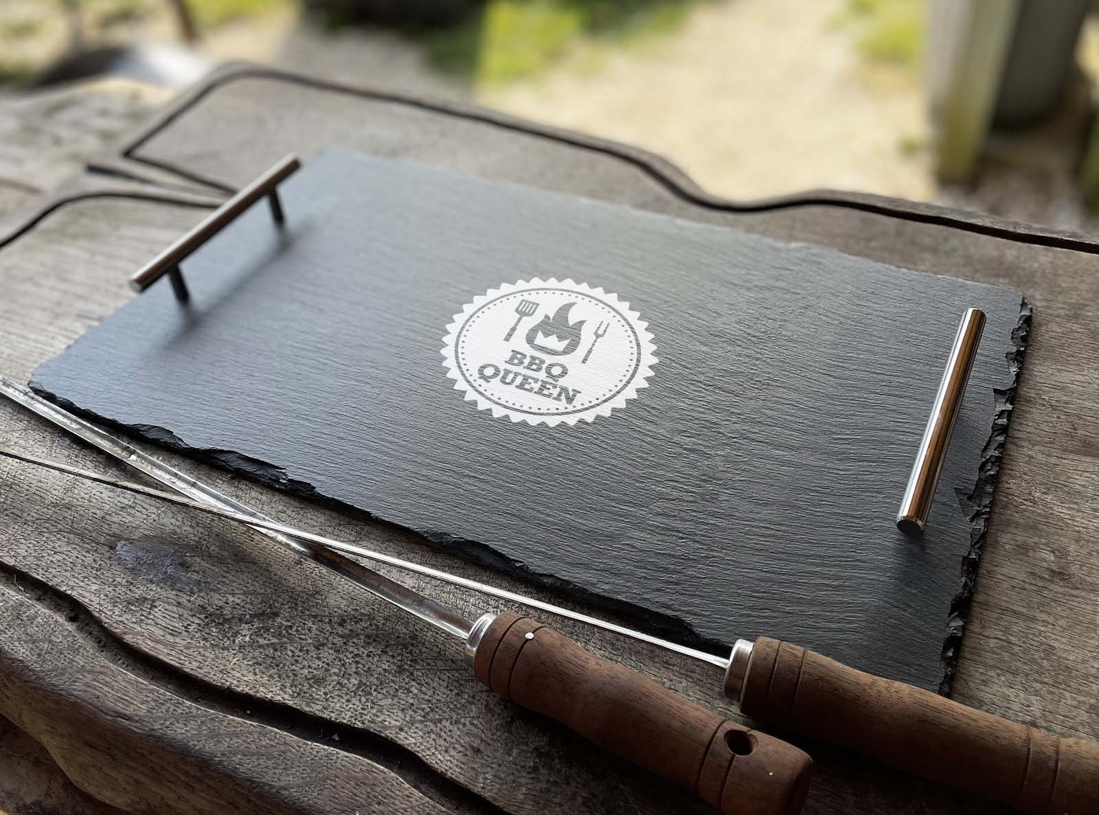 hand cut welsh slate serving tray with our bbq queen design