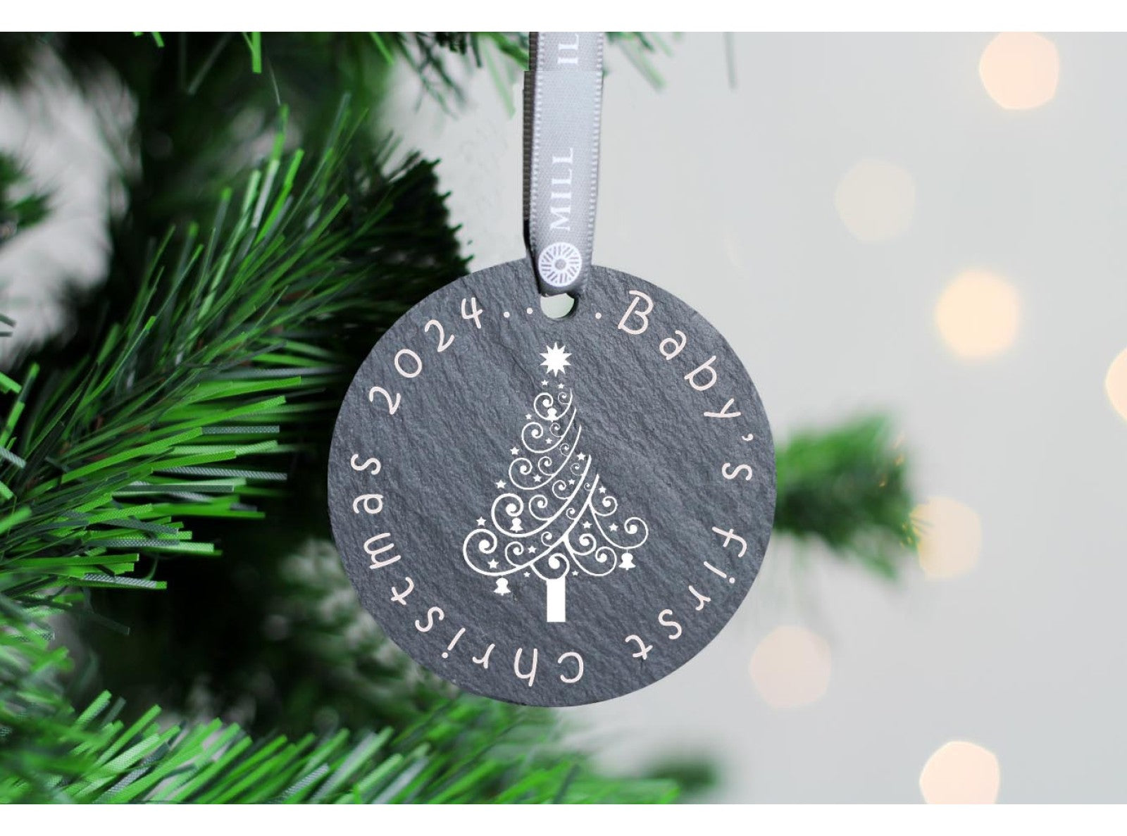 Round welsh slate christmas tree decoration with babies first christmas saying on, Christmas tree design